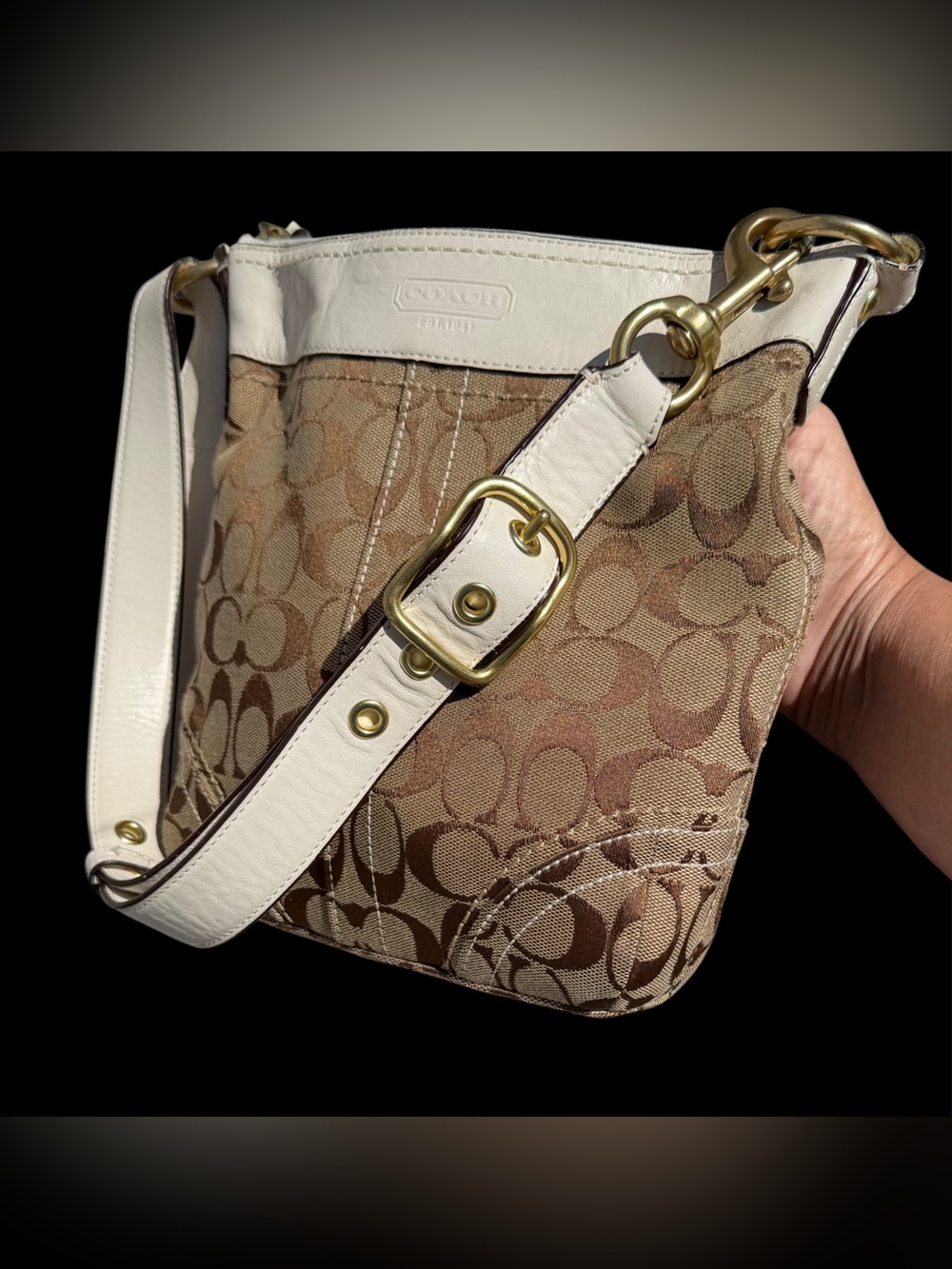 Vintage Coach Bag Signature Camel White Gold Hardware